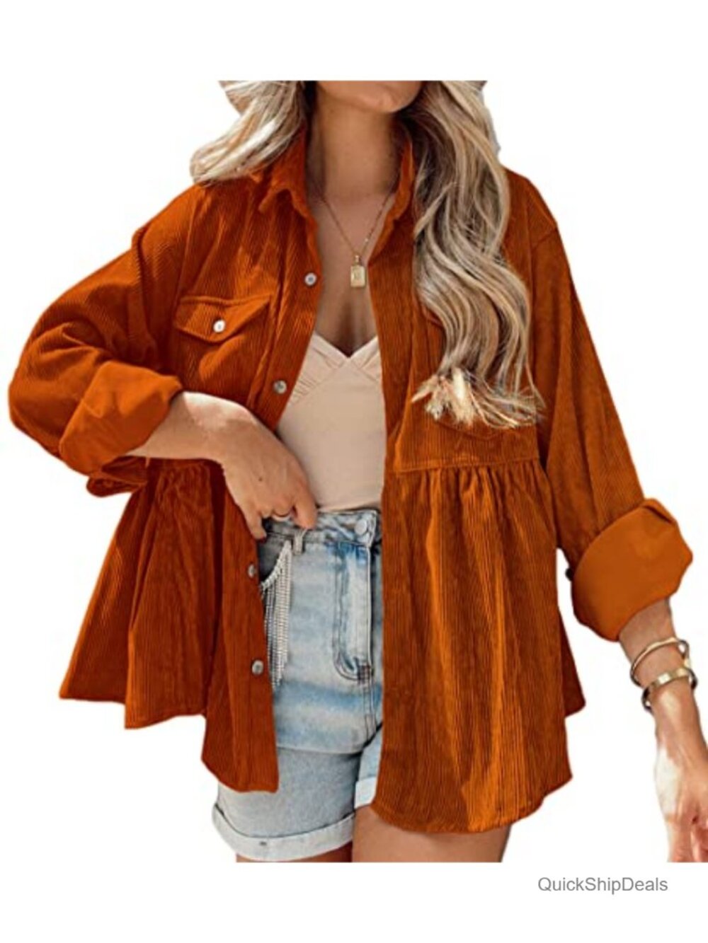 Women's Corduroy Peplum Shirt Long Sleeve Button Down Blouse with Pockets